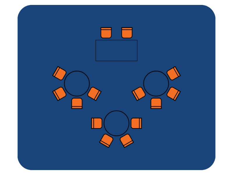 Graphic of cabaret seating with tables arranged in an arc facing the stage, allowing for easy viewing and social interaction.