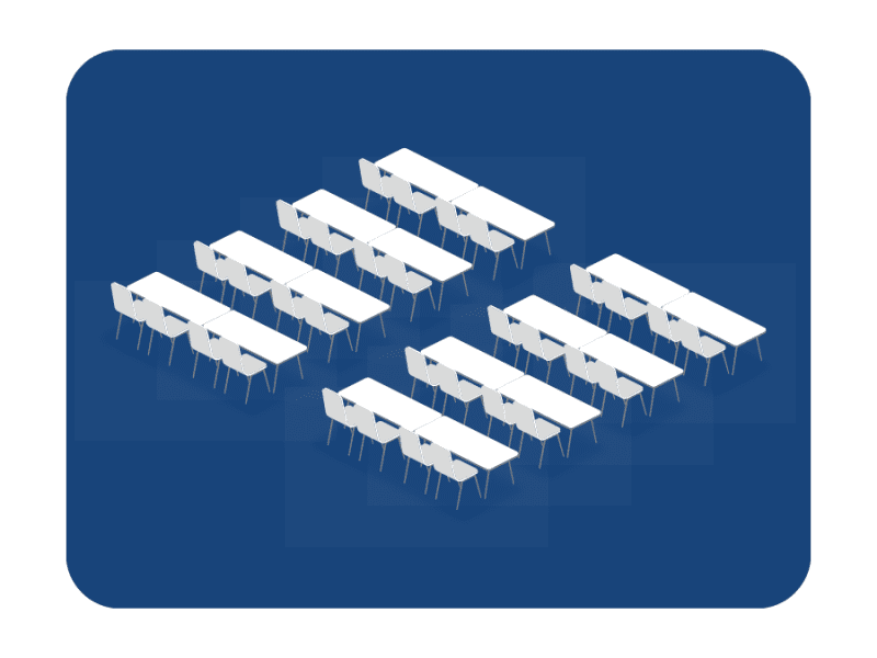 Diagram of Chevron or V-shaped seating with chairs arranged in V formations pointing towards a speaker, improving sightlines and engagement.