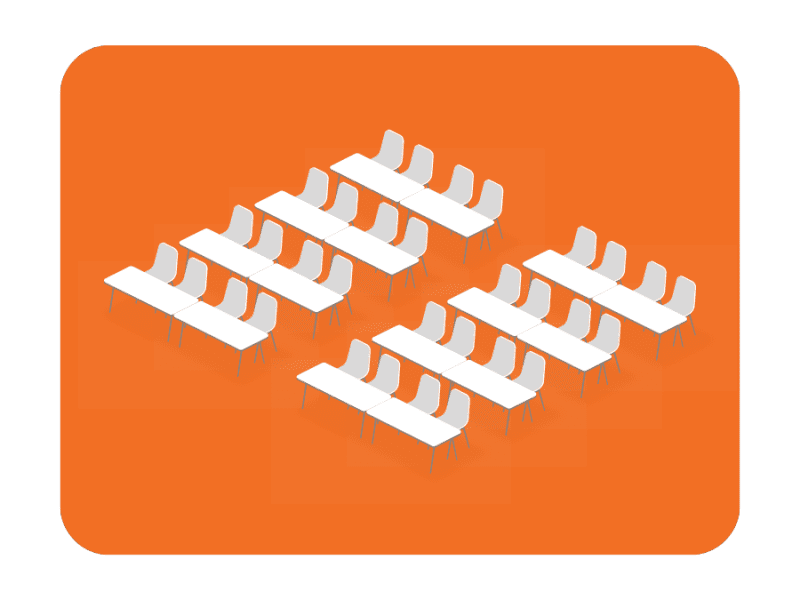 Diagram depicting classroom seating with rows of tables and chairs facing a speaker, designed for educational sessions where note-taking is required