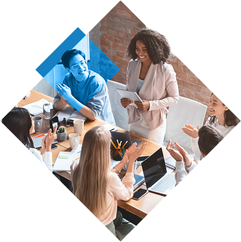 stylized graphic featuring a group of coworkers at a conference table, one is standing as she presents.