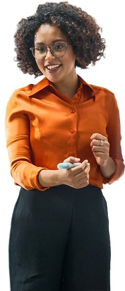 Female presenter wearing an orange top and holding a dry erase marker.